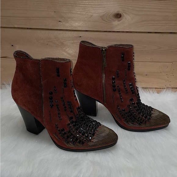 Donald J. Pliner Rust Suede Heeled Boots with Black Bead Accents - Picture 2 of 9